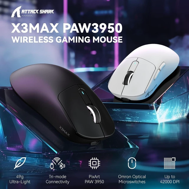 Alt view image 2 of 7 - ATTACK SHARK X3 MAX Wireless Gaming Mouse, 49g Ultra Lightweight, PAW3950 42K DPI, Bluetooth 5.2, 2.4GHz, 200H Battery, 100M Clicks Black