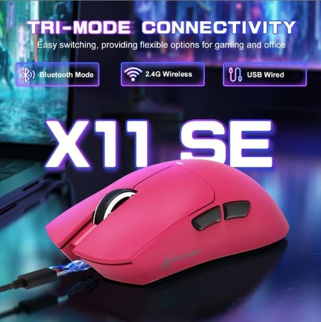 Alt view image 2 of 7 - ATTACK SHARK X11SE Ultra-Light Wireless Gaming Mouse | Tri-Mode BT5.2 / 2.4G / Type-C Wired, PixArt PAW3311 Sensor, 22K DPI, 5 Programmable Buttons, Gaming Mouse for PC Laptop Mac White Berry Red