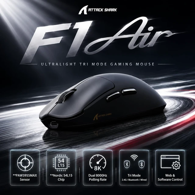 Alt view image 3 of 7 - ATTACK SHARK F1 AIR 39g Ultra Lightweight Wireless Gaming Mouse, PAW3955MAX 60K DPI, Nordic 54L15, Dual 8K, Tri-Mode, 720H Battery, Web Driver Black
