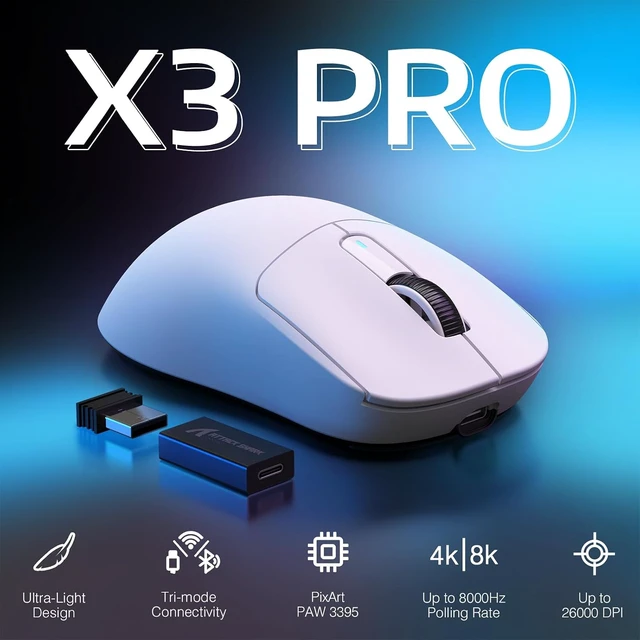Alt view image 2 of 7 - ATTACK SHARK X3PRO 59g Ultra Lightweight Gaming Mouse, PAW3395 PRO 26K DPI, Dual 8K, Tri-Mode Wireless, 100M Optical Switches White