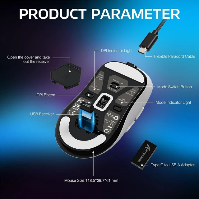 Alt view image 7 of 7 - ATTACK SHARK X3PRO 59g Ultra Lightweight Gaming Mouse, PAW3395 PRO 26K DPI, Dual 8K, Tri-Mode Wireless, 100M Optical Switches White