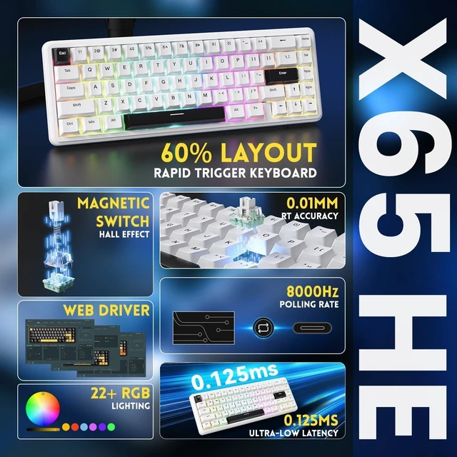 Alt view image 6 of 7 - ATTACK SHARK X65 HE 65% Hall Effect Gaming Keyboard, 8000Hz Polling Rate, Rapid Trigger, 0.1-3.4mm Adjustable Actuation, Magnetic Switch, 67 Keys, RGB, Hot-Swappable, Wired