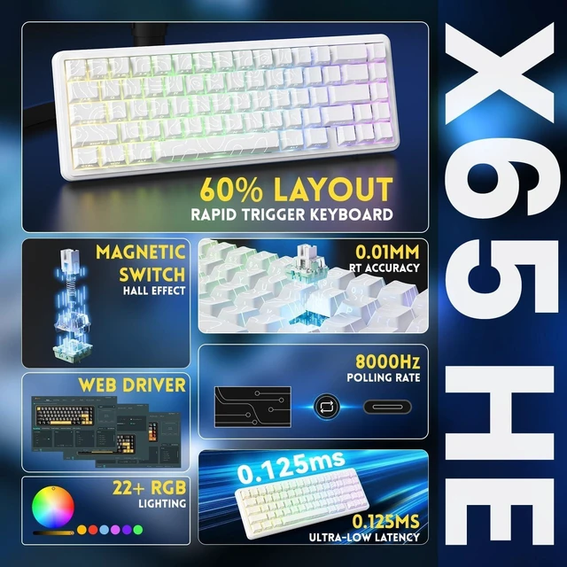 Alt view image 4 of 7 - ATTACK SHARK X65 HE 65% Hall Effect Gaming Keyboard, 8000Hz Polling Rate, Rapid Trigger, 0.1-3.4mm Adjustable Actuation, Magnetic Switch, 67 Keys, RGB, Hot-Swappable, Wired White Contour