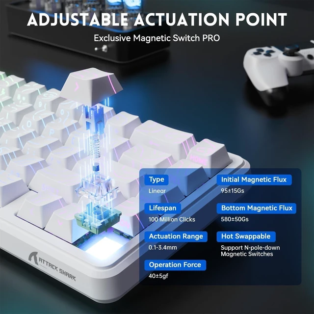 Alt view image 6 of 7 - ATTACK SHARK X65 HE 65% Hall Effect Gaming Keyboard, 8000Hz Polling Rate, Rapid Trigger, 0.1-3.4mm Adjustable Actuation, Magnetic Switch, 67 Keys, RGB, Hot-Swappable, Wired White Contour