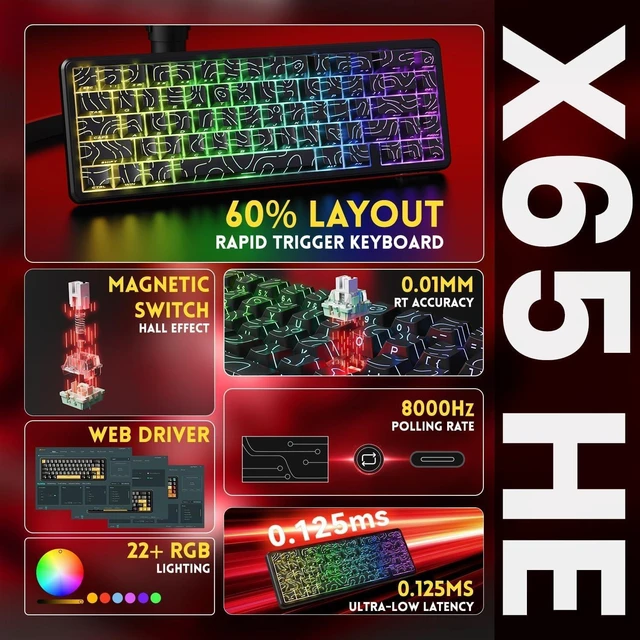 Alt view image 4 of 7 - ATTACK SHARK X65 HE 65% Hall Effect Gaming Keyboard, 8000Hz Polling Rate, Rapid Trigger, 0.1-3.4mm Adjustable Actuation, Magnetic Switch, 67 Keys, RGB, Hot-Swappable, Wired Black Contour