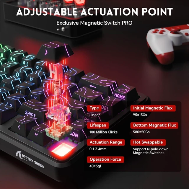Alt view image 6 of 7 - ATTACK SHARK X65 HE 65% Hall Effect Gaming Keyboard, 8000Hz Polling Rate, Rapid Trigger, 0.1-3.4mm Adjustable Actuation, Magnetic Switch, 67 Keys, RGB, Hot-Swappable, Wired Black Contour