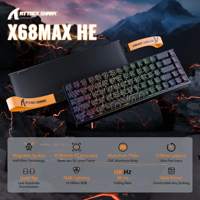 Alt view image 2 of 7 - ATTACK SHARK X68MAX HE 68-Key Magnetic Gaming Keyboard, CNC Aluminum, 8000Hz Polling, 0.08ms Latency, 0.005mm Precision, Rapid Trigger, RGB, PBT Keycaps