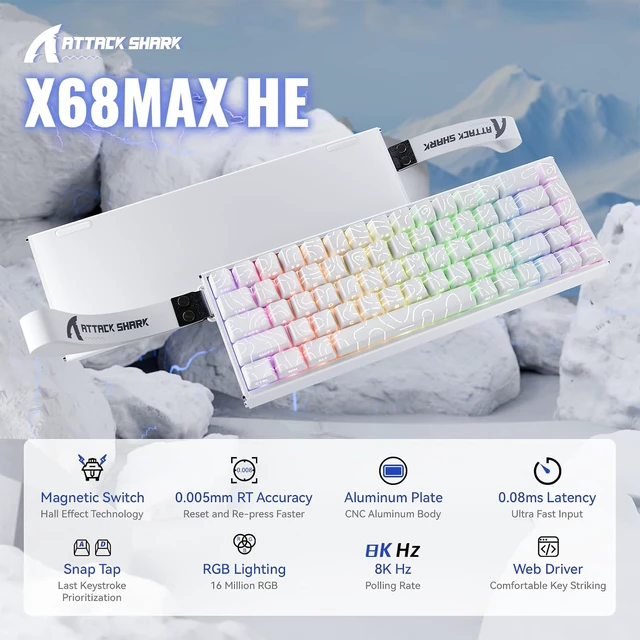 Alt view image 2 of 7 - ATTACK SHARK X68MAX HE 68-Key Magnetic Gaming Keyboard, CNC Aluminum, 8000Hz Polling, 0.08ms Latency, 0.005mm Precision, Rapid Trigger, RGB, PBT Keycaps White Contour