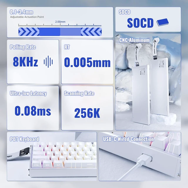Alt view image 3 of 7 - ATTACK SHARK X68MAX HE 68-Key Magnetic Gaming Keyboard, CNC Aluminum, 8000Hz Polling, 0.08ms Latency, 0.005mm Precision, Rapid Trigger, RGB, PBT Keycaps White Contour