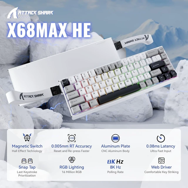 Alt view image 2 of 6 - ATTACK SHARK X68MAX HE 68-Key Magnetic Gaming Keyboard, CNC Aluminum, 8000Hz Polling, 0.08ms Latency, 0.005mm Precision, Rapid Trigger, RGB, PBT Keycaps Star White