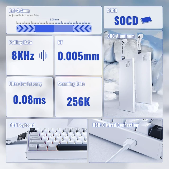 Alt view image 3 of 6 - ATTACK SHARK X68MAX HE 68-Key Magnetic Gaming Keyboard, CNC Aluminum, 8000Hz Polling, 0.08ms Latency, 0.005mm Precision, Rapid Trigger, RGB, PBT Keycaps Star White
