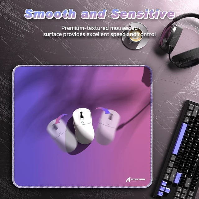 Alt view image 3 of 7 - ATTACK SHARK CM03 Iridescent Gaming Mouse Pad, High-Density Fiber Surface, 4mm Thick Rubber Base, Water & Stain Resistant, Non-Slip, Stitched Edges, PC Gaming Desk Mat Gradient Purple