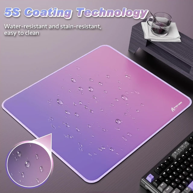 Alt view image 4 of 7 - ATTACK SHARK CM03 Iridescent Gaming Mouse Pad, High-Density Fiber Surface, 4mm Thick Rubber Base, Water & Stain Resistant, Non-Slip, Stitched Edges, PC Gaming Desk Mat Gradient Purple