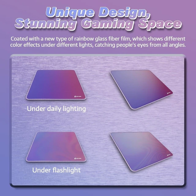 Alt view image 5 of 7 - ATTACK SHARK CM03 Iridescent Gaming Mouse Pad, High-Density Fiber Surface, 4mm Thick Rubber Base, Water & Stain Resistant, Non-Slip, Stitched Edges, PC Gaming Desk Mat Gradient Purple
