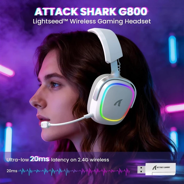 Alt view image 2 of 7 - ATTACK SHARK G800 Wireless Gaming Headset, Tri-Mode 2.4G/Bluetooth/Wired, 20ms Low Latency, 50mm HiFi Drivers, Virtual 7.1 Surround Sound, AI Noise-Canceling Mic, 1000mAh Battery, RGB, PC/PS5/Xbox