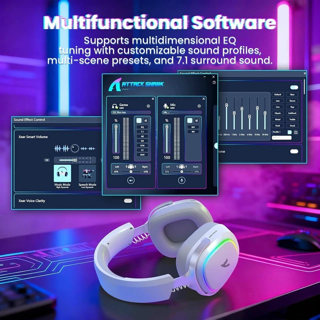 Alt view image 6 of 7 - ATTACK SHARK G800 Wireless Gaming Headset, Tri-Mode 2.4G/Bluetooth/Wired, 20ms Low Latency, 50mm HiFi Drivers, Virtual 7.1 Surround Sound, AI Noise-Canceling Mic, 1000mAh Battery, RGB, PC/PS5/Xbox