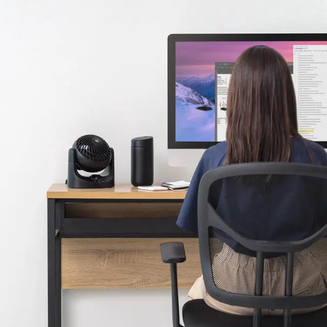 Alt view image 2 of 7 - IRIS USA WOOZOO Mini Desk Fan, Air Circulator, 3 Speeds, 32ft Max Air Distance, 108ft² Coverage, 112° Adjustable Vertical Tilt, 27db Quiet Motor, Small Fan for Bedroom, Office, Dorm, Black (HE10N)
