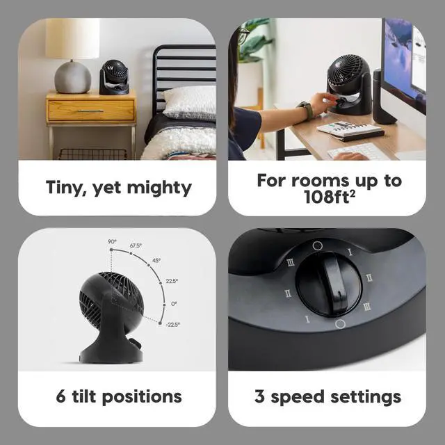 Alt view image 5 of 7 - IRIS USA WOOZOO Mini Desk Fan, Air Circulator, 3 Speeds, 32ft Max Air Distance, 108ft² Coverage, 112° Adjustable Vertical Tilt, 27db Quiet Motor, Small Fan for Bedroom, Office, Dorm, Black (HE10N)