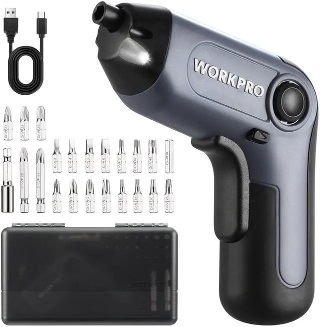 Main image of WORKPRO Electric Cordless Screwdriver with Offset Driving Shaft, 3.6V Automatic Rechargeable Screw Driver with 22PCS Bits, Battery Powered Automatic Screw Gun with LED Light & Carrying Case