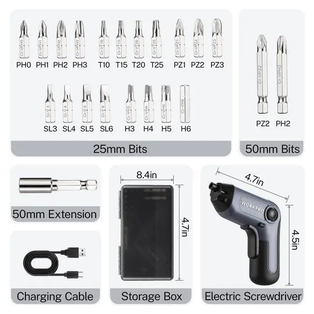 Alt view image 2 of 7 - WORKPRO Electric Cordless Screwdriver with Offset Driving Shaft, 3.6V Automatic Rechargeable Screw Driver with 22PCS Bits, Battery Powered Automatic Screw Gun with LED Light & Carrying Case