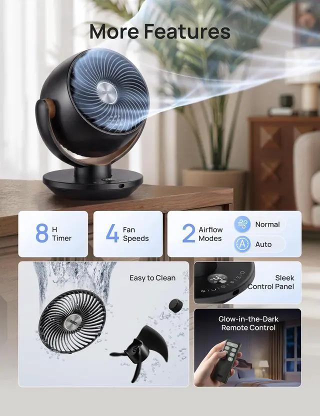 Alt view image 6 of 7 - Fan for Bedroom, Desk Air Circulator Fan with Remote, 11 Inch Table Fans for Whole Room, 65ft Powerful Airflow, 120° Vertical Manual +90° Oscillating, 4 Speeds, 8H Timer, 25dB Quiet Fan, Home