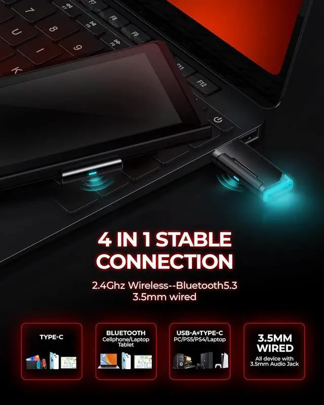 Alt view image 7 of 7 - Wireless Gaming Headset, 7.1 Surround Sound, 2.4Ghz USB Gaming Headphones Bluetooth 5.4, 100-Hr Noise Canceling Mic RGB Light, Wireless Headset for PC PS5 PS4 Mac Switch, ONLY Wired Mode Suit for Xbox
