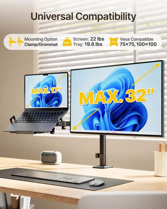 Alt view image 2 of 7 - monTEK 2-in-1 Monitor Mount and Laptop Stand for Desk, Ergonomic Height Adjustable Monitor Arm Fit up to 32 inch Screen and 17 inch Laptop, Hold up to 22lbs Weight, C-Clamp and Grommet