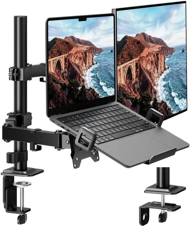 Main image of monTEK 2-in-1 Monitor Mount and Laptop Stand for Desk, Ergonomic Height Adjustable Monitor Arm Fit up to 32 inch Screen and 17 inch Laptop, Hold up to 22lbs Weight, C-Clamp and Grommet