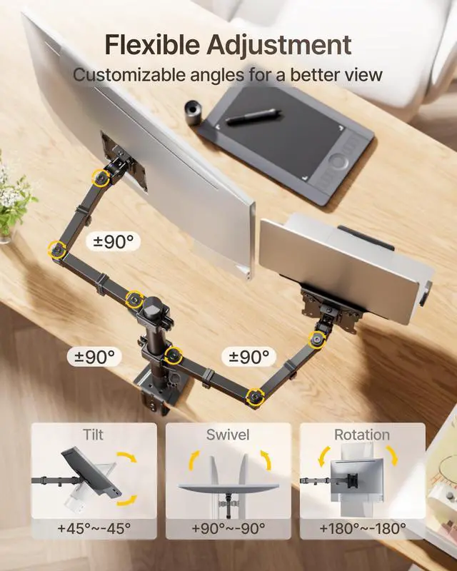 Alt view image 4 of 7 - monTEK 2-in-1 Monitor Mount and Laptop Stand for Desk, Ergonomic Height Adjustable Monitor Arm Fit up to 32 inch Screen and 17 inch Laptop, Hold up to 22lbs Weight, C-Clamp and Grommet