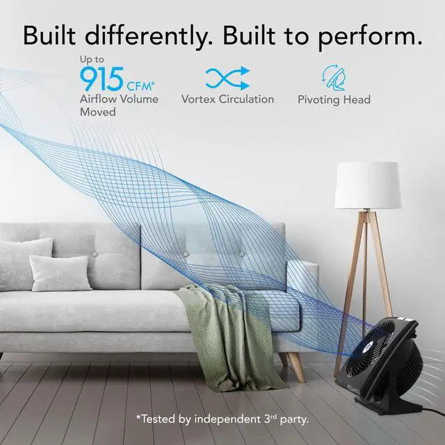 Alt view image 2 of 7 - 673T Whole Room Air Circulator Fan, 3 Speed Settings, 90 Degree Pivoting Head, Deep Pitched Blades, Vortex Action Technology, Black Electric Fan for Bedroom, Office, Home