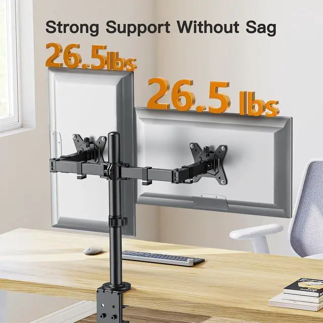 Alt view image 3 of 7 - Dual Monitor Desk Mount for 1334 Monitors up to 26.5 lbs, Fully Adjustable Monitor Stand Holds 2 Computer Screens, Heavy-Duty Dual Monitor Arm with C-Clamp & Grommet Base, Black, EGCM13B