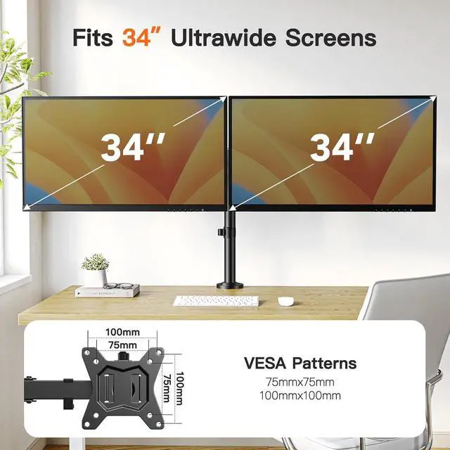Alt view image 2 of 7 - Dual Monitor Desk Mount for 1334 Monitors up to 26.5 lbs, Fully Adjustable Monitor Stand Holds 2 Computer Screens, Heavy-Duty Dual Monitor Arm with C-Clamp & Grommet Base, Black, EGCM13B