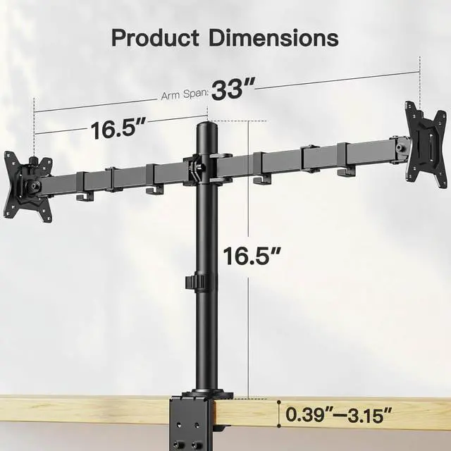 Alt view image 6 of 7 - Dual Monitor Desk Mount for 1334 Monitors up to 26.5 lbs, Fully Adjustable Monitor Stand Holds 2 Computer Screens, Heavy-Duty Dual Monitor Arm with C-Clamp & Grommet Base, Black, EGCM13B