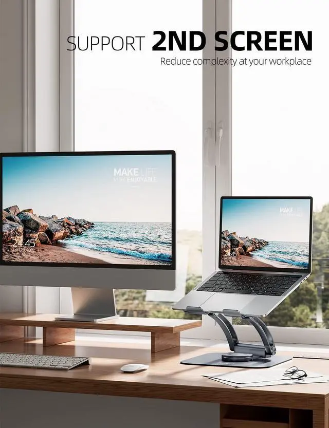 Alt view image 3 of 7 - 360° Rotating Laptop Stand for Desk, Ergonomic Notebook Riser with Adjustable Swivel Base Foldable Computer Holder Portable Office Accessories Compatible with All 10-17" Laptops