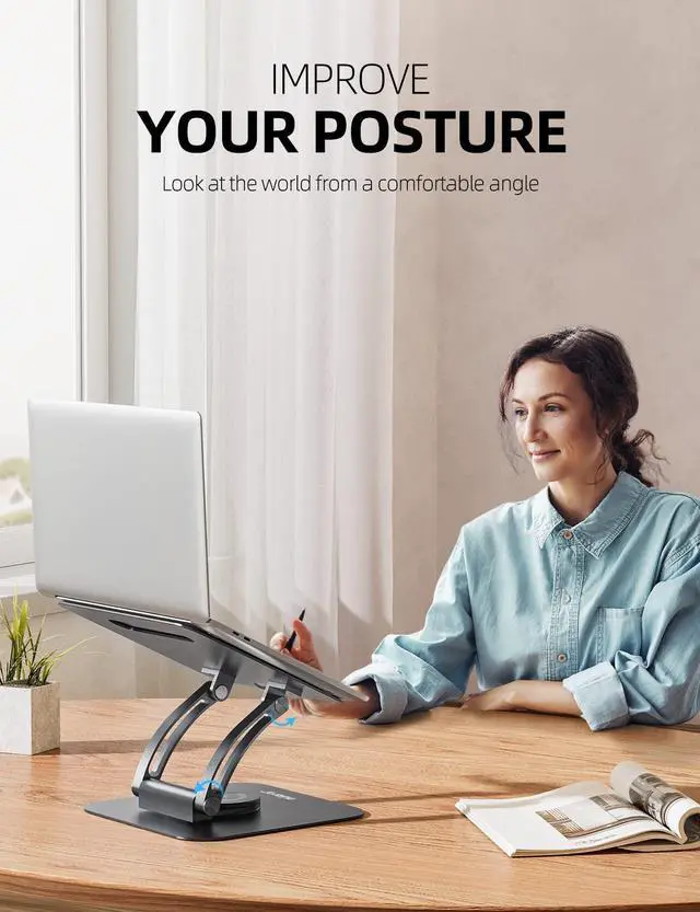 Alt view image 4 of 7 - 360° Rotating Laptop Stand for Desk, Ergonomic Notebook Riser with Adjustable Swivel Base Foldable Computer Holder Portable Office Accessories Compatible with All 10-17" Laptops