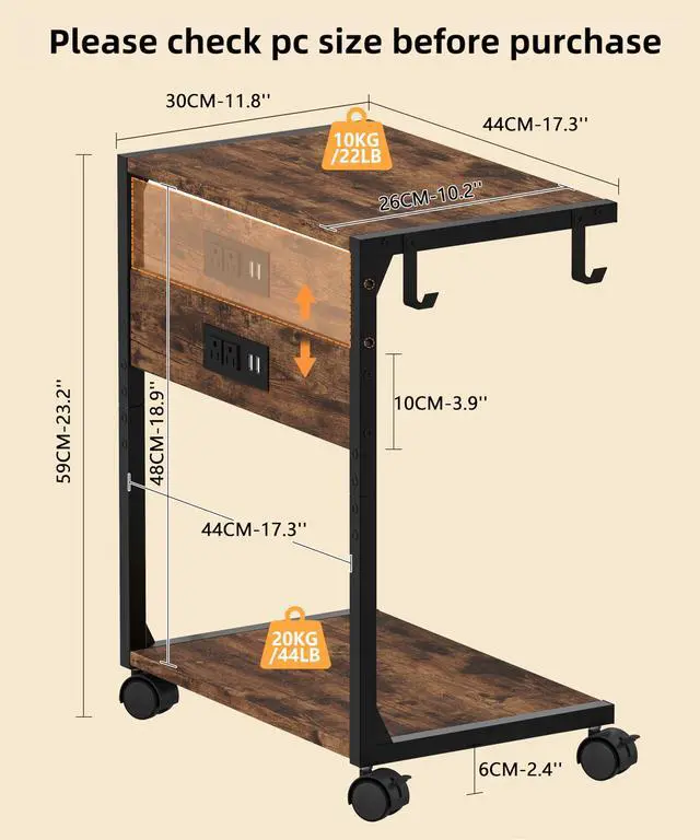 Alt view image 2 of 7 - 2 Tier Computer Tower Stand with Charging Station, 11.8" D x 16.5" W Rolling Floor PC Tower Stand Fits Under Desk, CPU Holder Cart for Carpet with Hooks, C Shaped End Table for Home Office