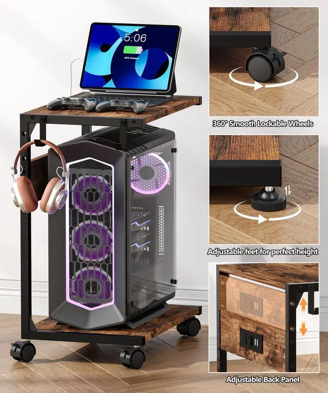 Alt view image 6 of 7 - 2 Tier Computer Tower Stand with Charging Station, 11.8" D x 16.5" W Rolling Floor PC Tower Stand Fits Under Desk, CPU Holder Cart for Carpet with Hooks, C Shaped End Table for Home Office
