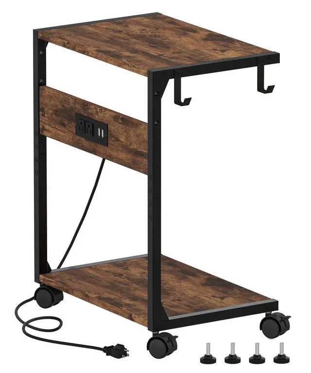 Alt view image 7 of 7 - 2 Tier Computer Tower Stand with Charging Station, 11.8" D x 16.5" W Rolling Floor PC Tower Stand Fits Under Desk, CPU Holder Cart for Carpet with Hooks, C Shaped End Table for Home Office