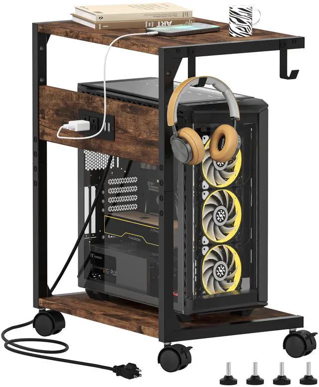 Main image of 2 Tier Computer Tower Stand with Charging Station, 11.8" D x 16.5" W Rolling Floor PC Tower Stand Fits Under Desk, CPU Holder Cart for Carpet with Hooks, C Shaped End Table for Home Office