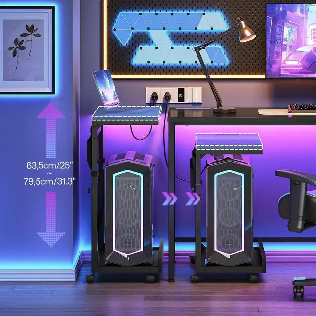 Alt view image 4 of 7 - Computer Tower Stand, PC Stand with Charging Station, PC Tower Stand Height Adjustable Under Desk, Large CPU Holder Cart with Locking Casters & Storage Pockets, for Home Office, Bedroom BB72UCJ01
