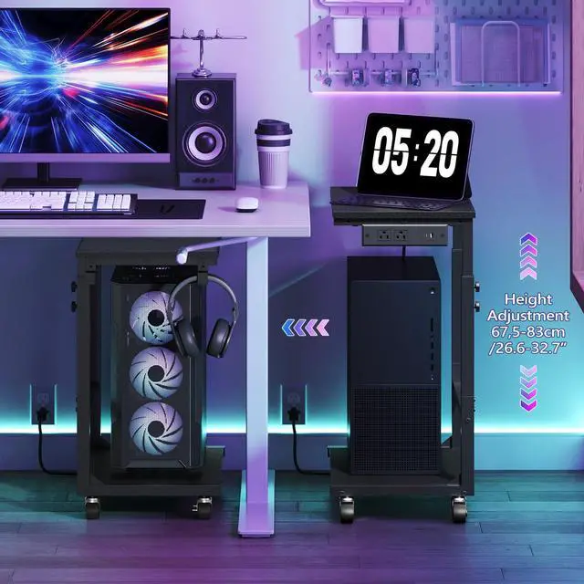 Alt view image 4 of 7 - Computer Tower Stand with Power Outlet, Mobile PC Stand for Floor, Height Adjustable PC Holder Cart Under Desk, 26.6"-32.7" H, for Home Office, Gaming Room, Black PCHS216E01