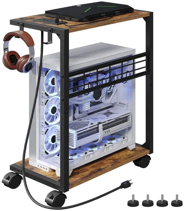 Main image of PC Stand, Computer Tower Stand with Charging Station, 16.9"W x 11.4"D x 27.6"H, Computer Cart with Wheels and Hooks, CPU Holder for Carpet, Floor and Under Desk, Easy Assembly, Rustic Brown