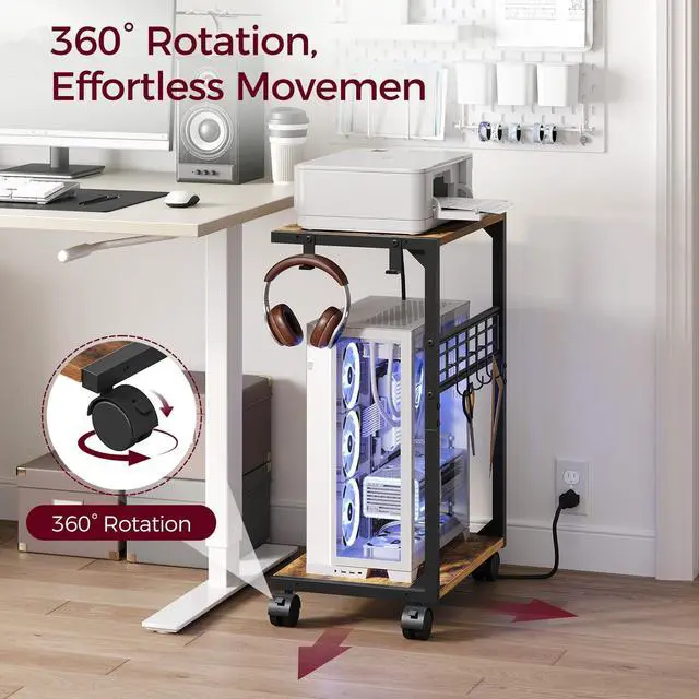 Alt view image 3 of 7 - PC Stand, Computer Tower Stand with Charging Station, 16.9"W x 11.4"D x 27.6"H, Computer Cart with Wheels and Hooks, CPU Holder for Carpet, Floor and Under Desk, Easy Assembly, Rustic Brown