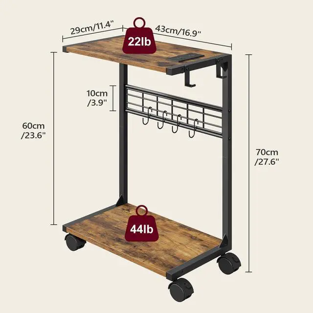 Alt view image 7 of 7 - PC Stand, Computer Tower Stand with Charging Station, 16.9"W x 11.4"D x 27.6"H, Computer Cart with Wheels and Hooks, CPU Holder for Carpet, Floor and Under Desk, Easy Assembly, Rustic Brown