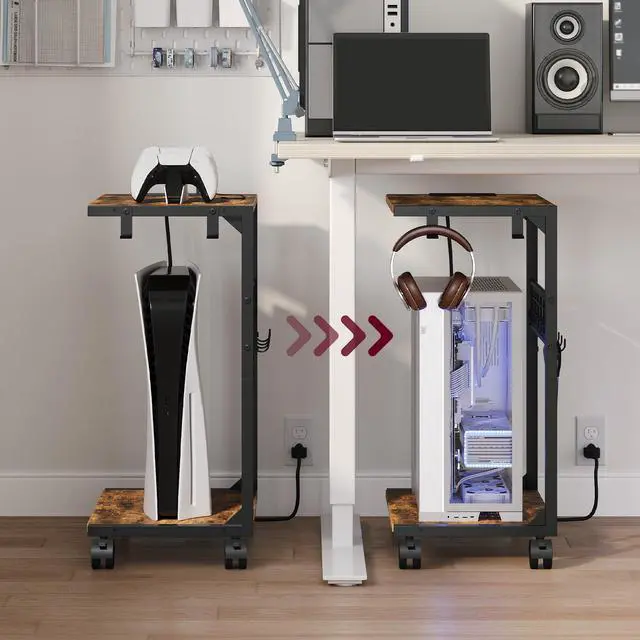 Alt view image 2 of 7 - PC Stand, Computer Tower Stand with Charging Station, 16.9"W x 11.4"D x 27.6"H, Computer Cart with Wheels and Hooks, CPU Holder for Carpet, Floor and Under Desk, Easy Assembly, Rustic Brown