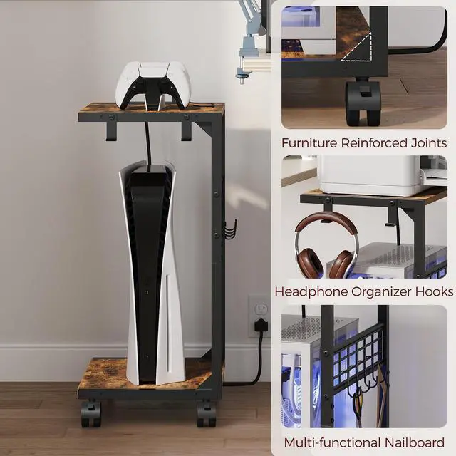 Alt view image 6 of 7 - PC Stand, Computer Tower Stand with Charging Station, 16.9"W x 11.4"D x 27.6"H, Computer Cart with Wheels and Hooks, CPU Holder for Carpet, Floor and Under Desk, Easy Assembly, Rustic Brown
