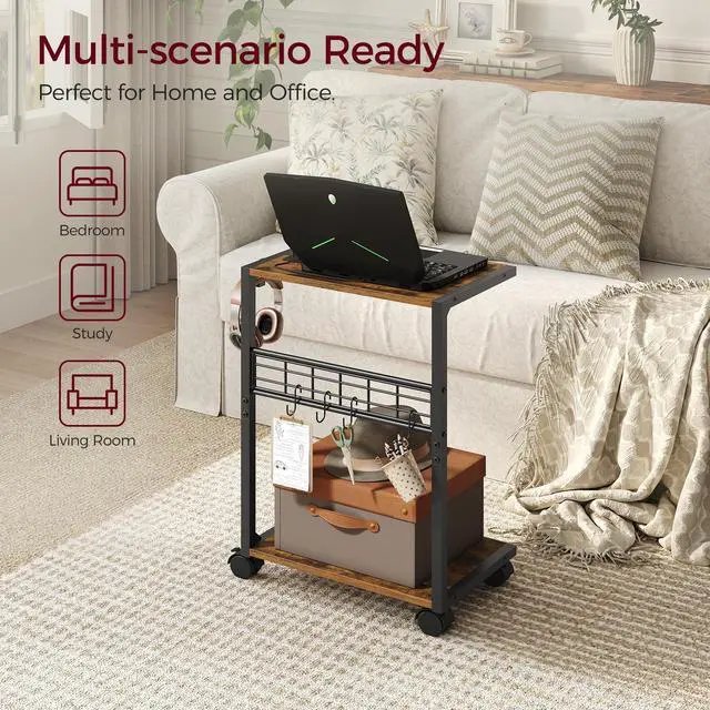 Alt view image 4 of 7 - PC Stand, Computer Tower Stand with Charging Station, 16.9"W x 11.4"D x 27.6"H, Computer Cart with Wheels and Hooks, CPU Holder for Carpet, Floor and Under Desk, Easy Assembly, Rustic Brown