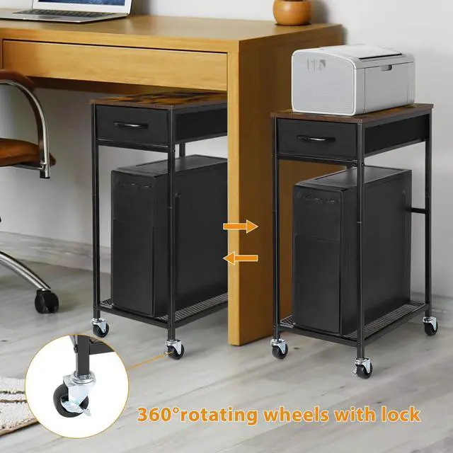 Main image of Computer Tower Stand PC Tower Stand with Storage Drawer Mobile CPU Holder Stand with Caster Wheels 2 Tier Rolling Computer Tower Cart for Home Office Fax, Rustic Brown