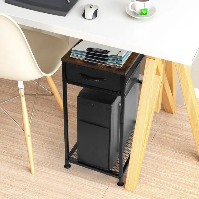Alt view image 2 of 5 - Computer Tower Stand PC Tower Stand with Storage Drawer Mobile CPU Holder Stand with Caster Wheels 2 Tier Rolling Computer Tower Cart for Home Office Fax, Rustic Brown