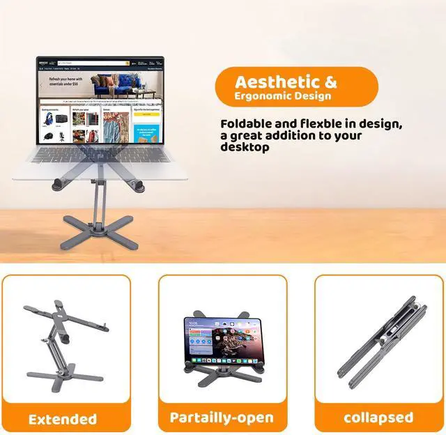 Alt view image 4 of 7 - Laptop Stand with 360 Rotating Base, Computer Notebook Laptop Riser Metal Holder for Desk Collaborative Work, Fully Foldable for Easy Storage, Fits All MacBook, Laptops up to 16 inches, Grey
